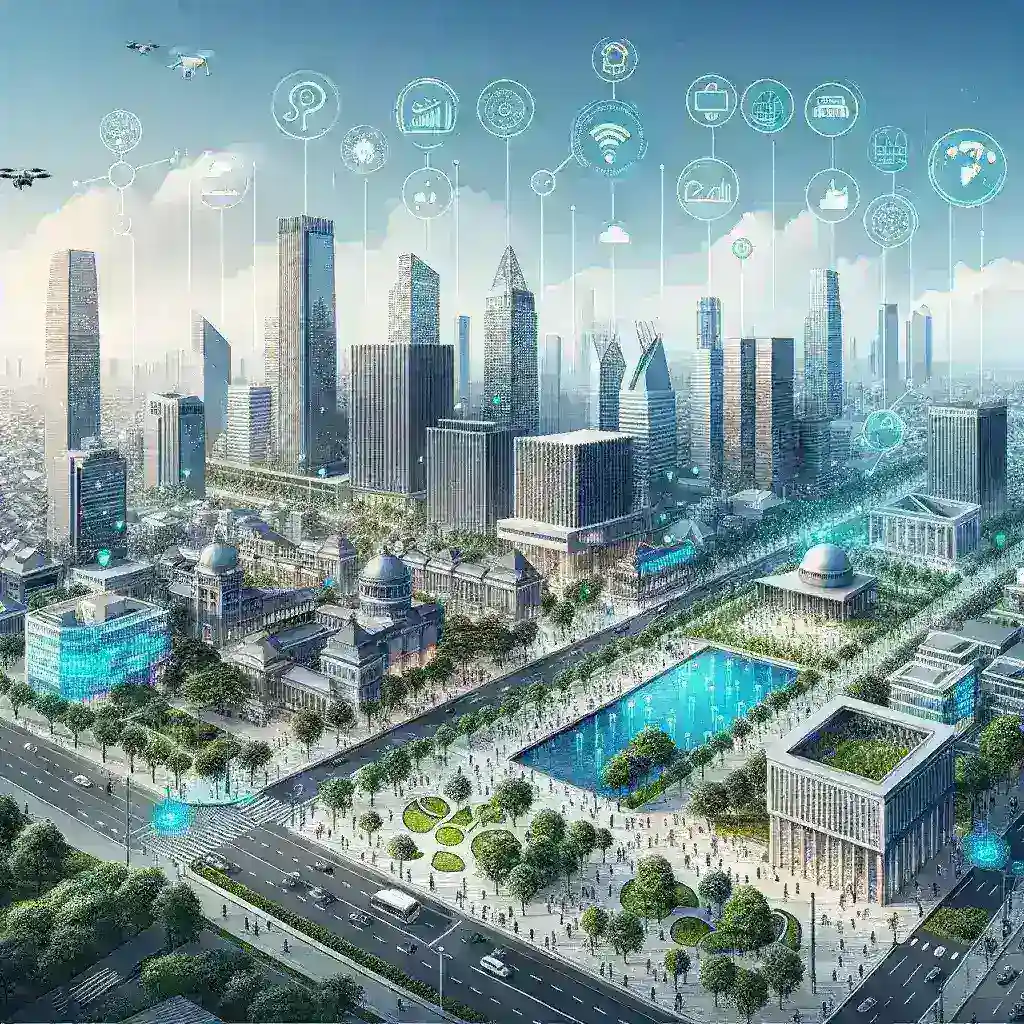 "Diagram showing Jakarta's smart city infrastructure enhancements with IoT-based environmental sensors, illustrating data collection and urban development strategies."